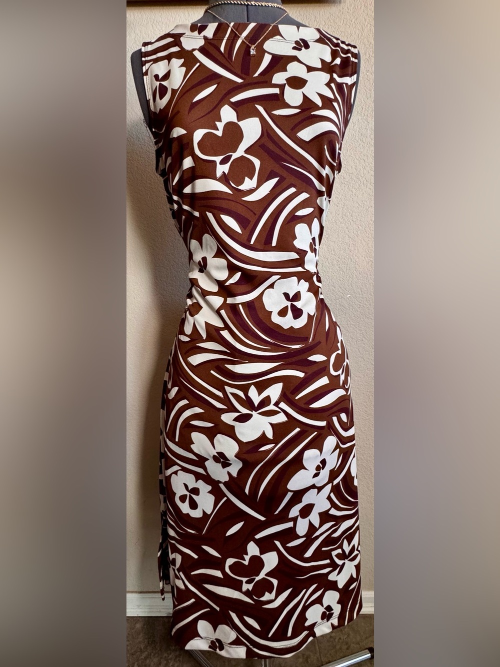 Vintage La Belle Dark Brown Cream Floral Sleeveless Midi Tie Back Dress L M